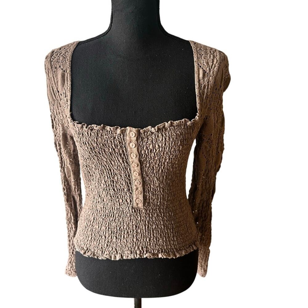 Boho Free People Confection Brown Smocked Lace Long Sleeve Top, Size M